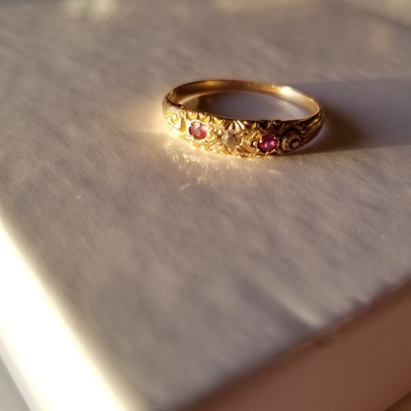 Antique Edwardian Ruby and Diamond 14k Gold Ring - Picture 2 of 5